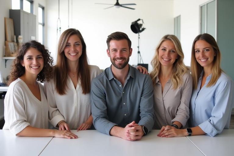 Gulf Light Photography team posing together in their bright, modern studio