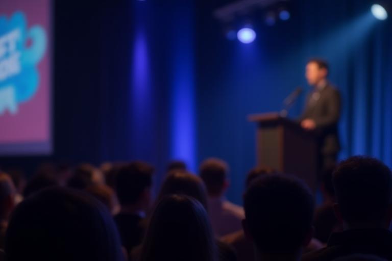 Example event photo from portfolio: speaker on stage at an event