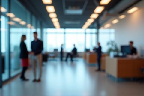 Commercial photo capturing modern office space with blurred people