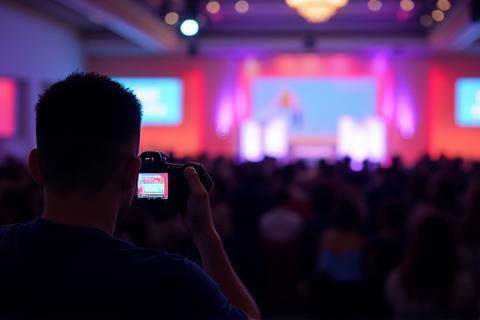 Photographer discreetly capturing a candid moment at a corporate event