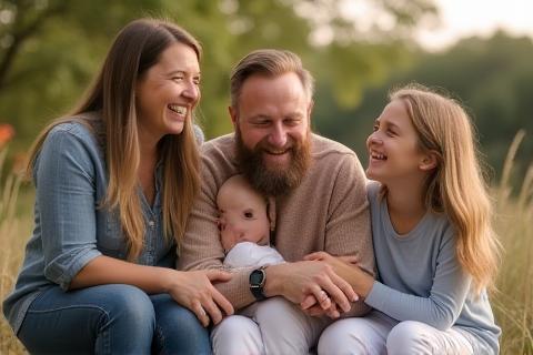 Joyful family laughing together during an outdoor portrait session