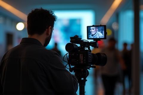 Videographer operating a camera on location, capturing a scene